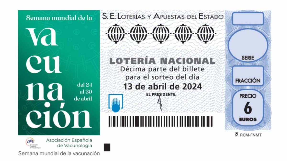 👉@AEV_Vacunas protagoniza el décimo de Lotería Nacional del 13 de abril para poner en valor las vacunas como herramienta de prevención con motivo de la #SemanaMundialdelaVacunación, que se celebra a finales de abril. ✅Ya a la venta en Administraciones de Lotería y online.