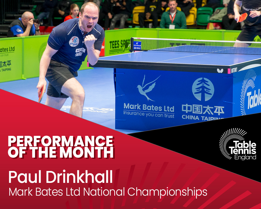 🎉 Congratulations to Paul Drinkhall on winning March's Performance of the Month 👊🏓 Paul was in superb form as he won the Men's Singles at the Mark Bates Ltd National Championships - his 7️⃣th title and first since 2017 🏅👏 #tabletennis #england