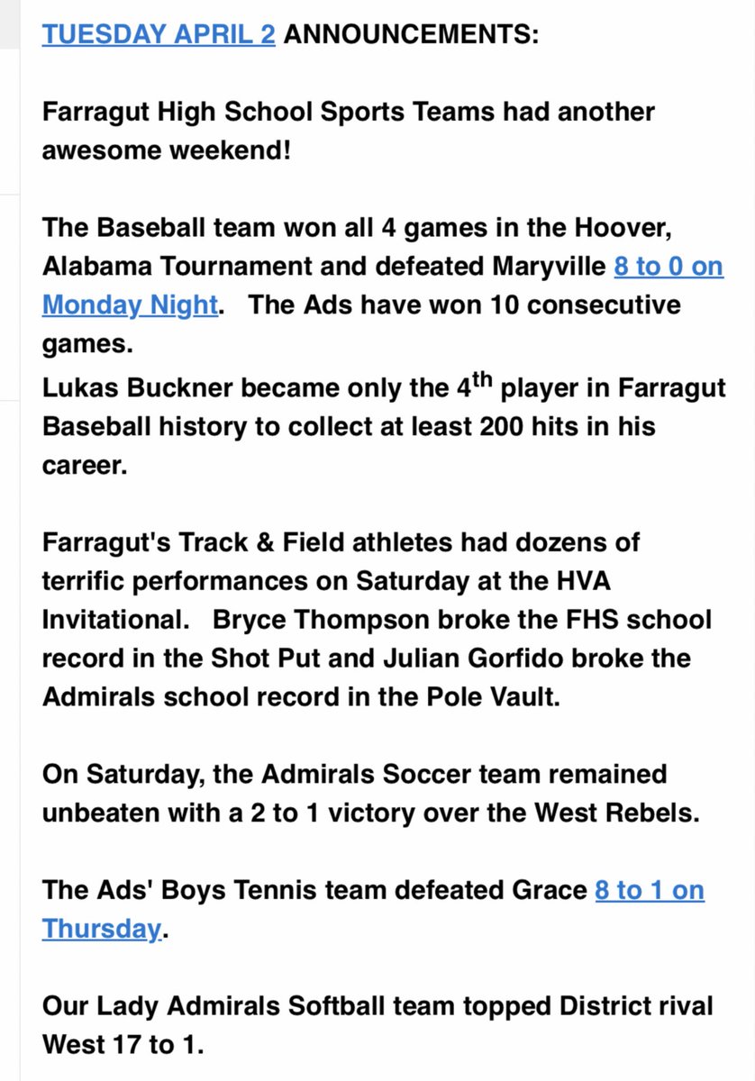 Here’s an Early Look 👀 at Tuesday Morning’s Farragut High School Sports Announcements ⚓️ ____ Today’s FHS Sports Schedule (weather permitting) SOFTBALL- HVA at Farragut, 5:00 TENNIS- Farragut at Oak Ridge, 4:15 GIRLS LACROSSE- Dobyns-Bennett at Farragut, 6:30