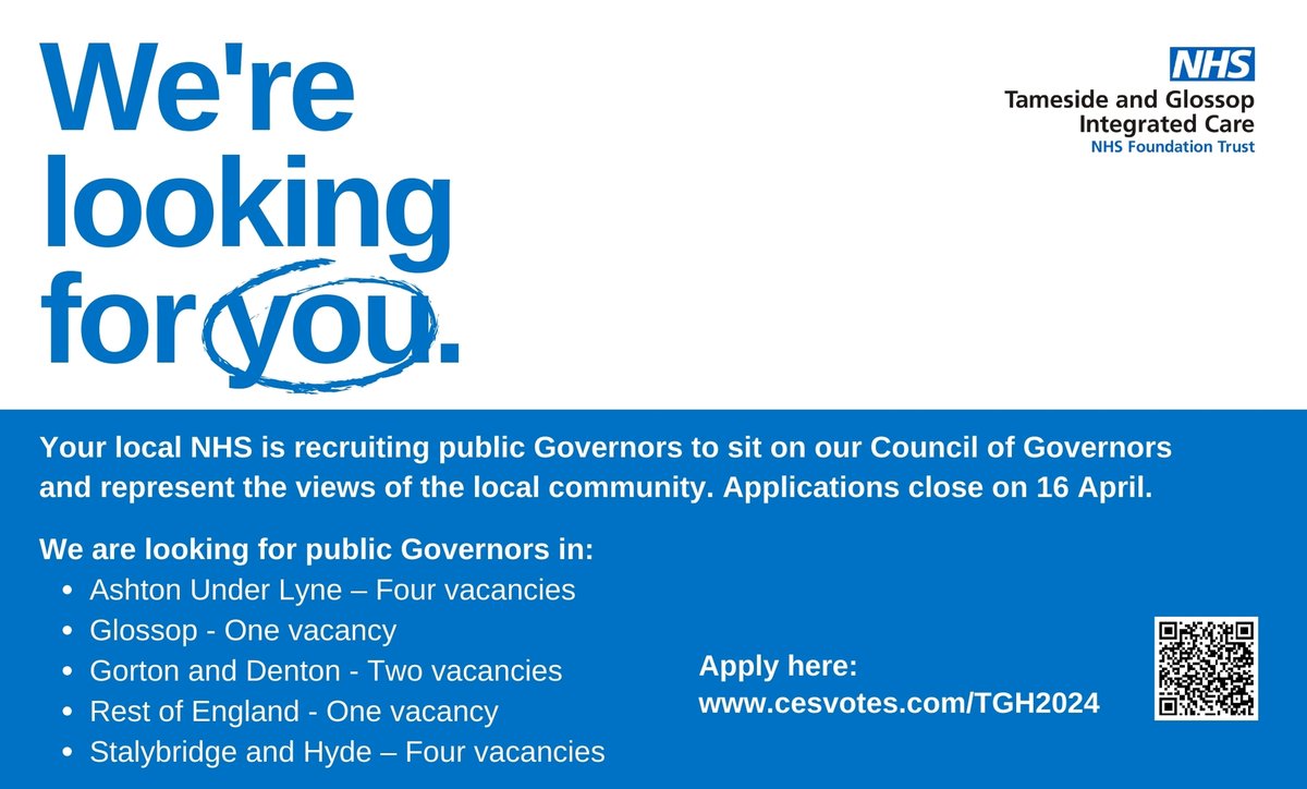 Your local NHS Foundation Trust, @tandgicft, is recruiting new Governors to sit on its Council of Governors and represent the views of the local community ✅ Nominations close on Tuesday 16 April ➡ bit.ly/3TwdvYW