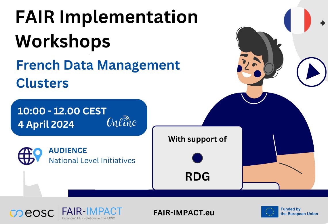 Join us for the next #FAIR #ImplementationWorkshop on 4 April 2024, from 10:00 to 12:00 CEST! Explore how French data management clusters provide crucial expertise in #research #DataManagement with support from Recherche Data Gouv #RDG. Don't miss out! ➡️ tinyurl.com/j3av3dcp