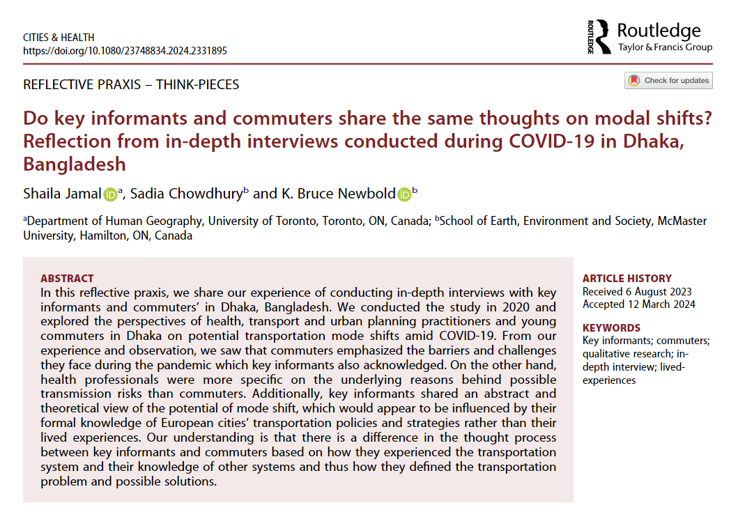New #ReflectivePractice article published! Do key informants and commuters share the same thoughts on modal shifts? Reflection from in-depth interviews conducted during COVID-19 in Dhaka, Bangladesh Shaila Jamal, Sadia Chowdhury and K. Bruce Newbold; 2024. doi.org/10.1080/237488……