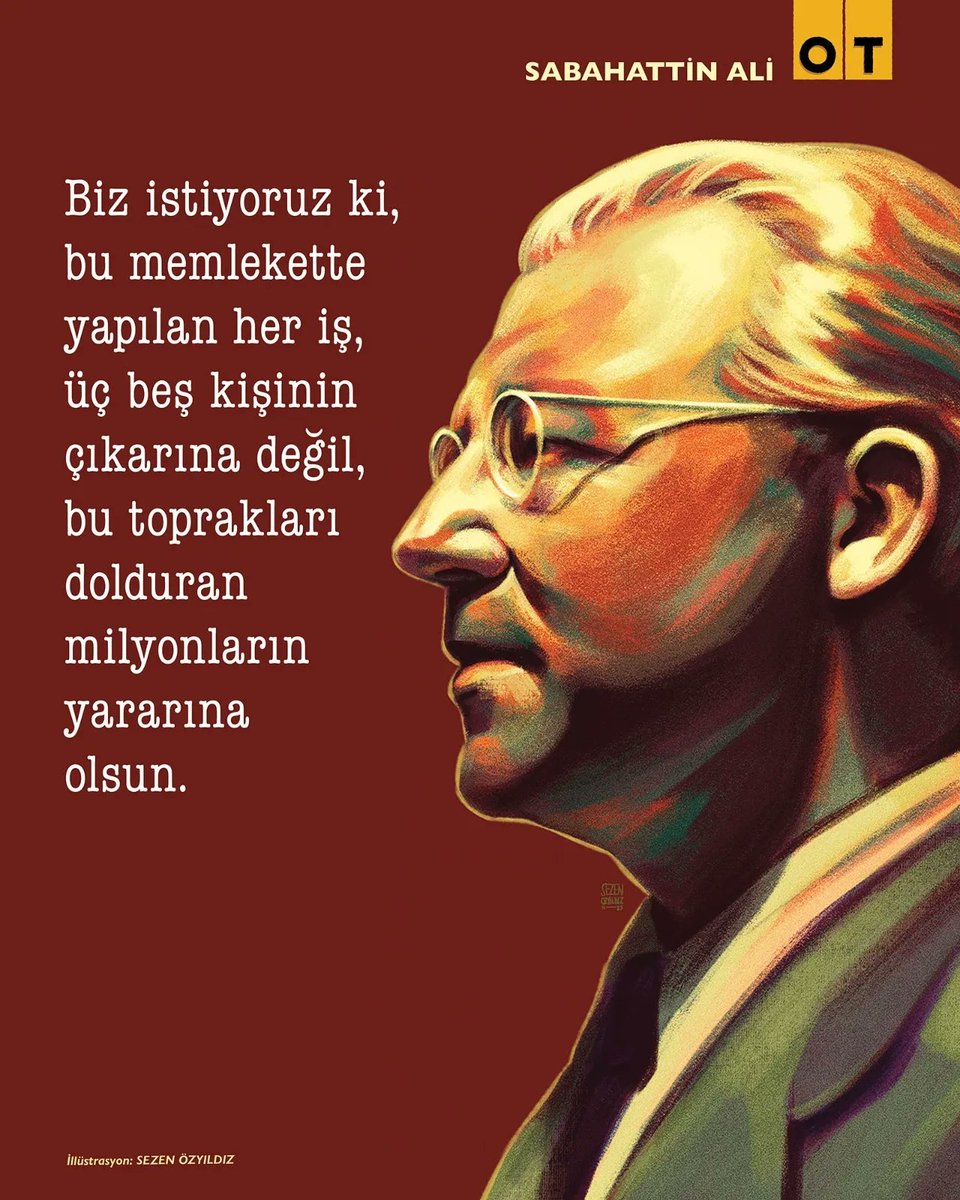 Biz istiyoruz ki, bu memlekette yapılan her iş, üç beş kişinin çıkarına değil, bu toprakları dolduran milyonların yararına olsun. *** Biz istiyoruz ki, koltuğuna ısınmış beş on hazır yiyicinin keyfi, menfaati değil, milletin hayrı düşünülsün... 📝 #SabahattinAli ✍️ @sezendraws