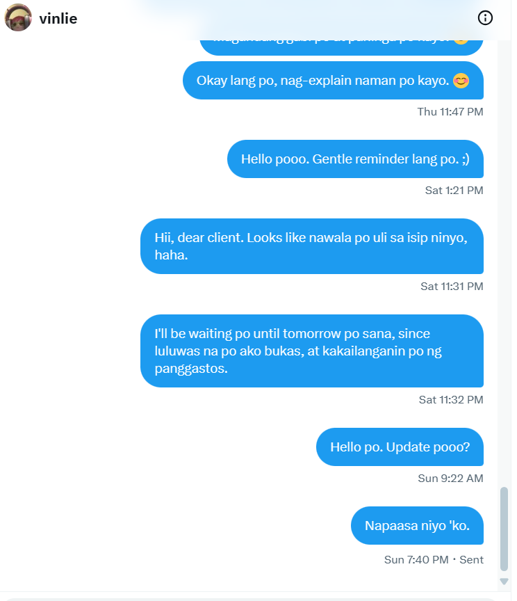 LF Commissioner (for awareness)
Careful with transacting with this account. Ilang araw na  walang update. Excuses at first na inintindi, pero inabuso. Under Ethics pa naman po 'yang task niyo. Kaya nakakatakot na magservice first eh.
<a href="/strawberijammy/">Jammy</a> beware po sa kaniya.