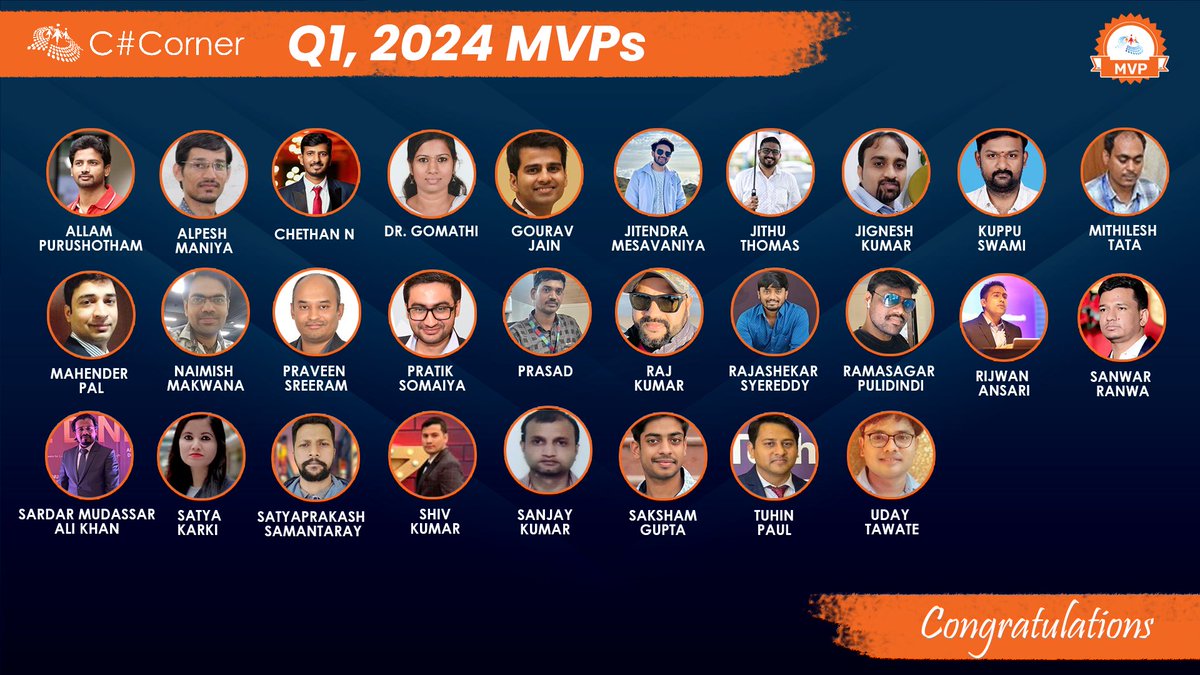 C# Corner Q1, 2024 #MVPs have been announced! A big congratulations to all the new and renewed MVPs! Your passion, knowledge, and contributions to the tech community are truly inspiring. Check out the MVP lineup here: tinyurl.com/5n8934rh @mcbeniwal @prvn_13 @bhaskerdas…