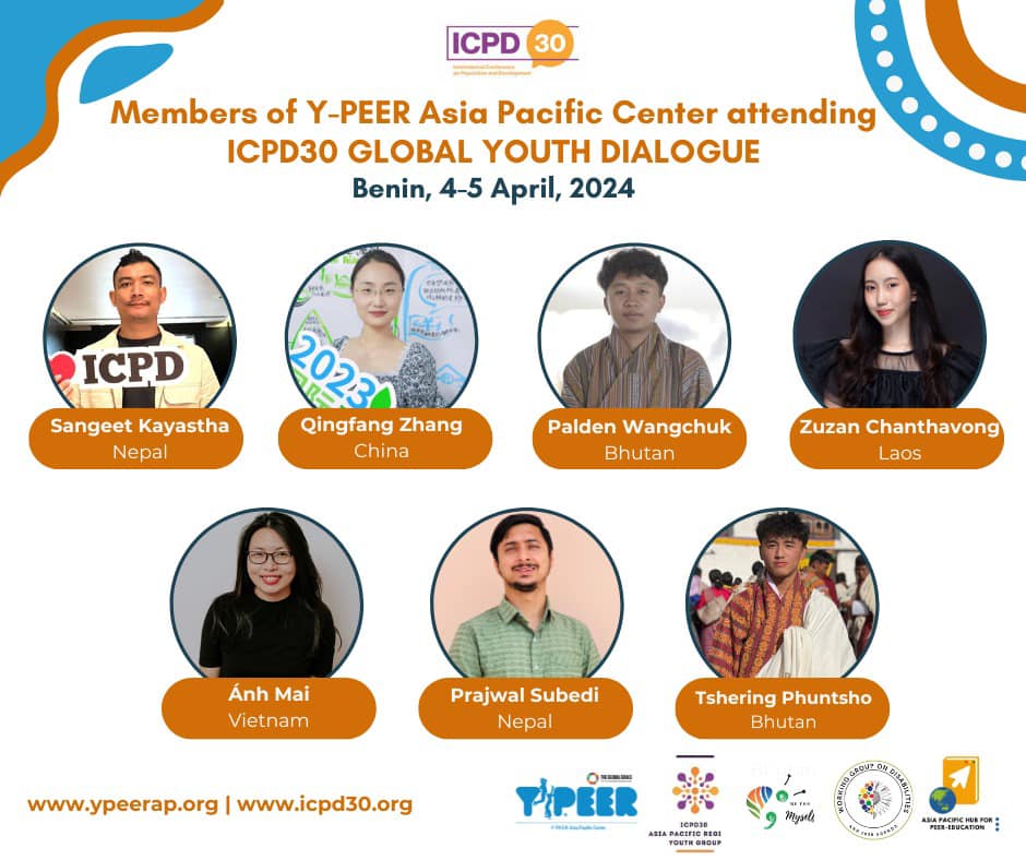 Members of YPEER Asia Pacific Center attending 'ICPD30 GYD' happening in Benin YPEER Bhutan YPEER-Nepal YPEER Vietnam YPEER Laos ໄວໜຸ່ມ ມີສ່ວນຮ່ວມ ແລະ ມີໂອກາດໃນການພັດທະນາ China Youth Network Working Group on Disabilities and 2030 Agenda Me For Myself #ICPD30 #ICPD30GYD