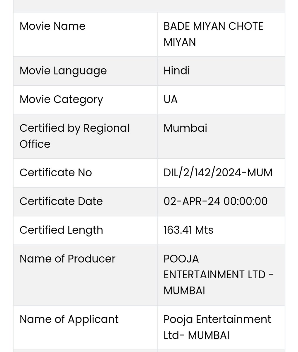 #BadeMiyanChoteMiyan has been certified by CBFC today with UA certification with a length of 164 minutes. 

#AkshayKumar𓃵
#AkshayKumar 
 #TigerShroff  #PrithvirajSukumaran