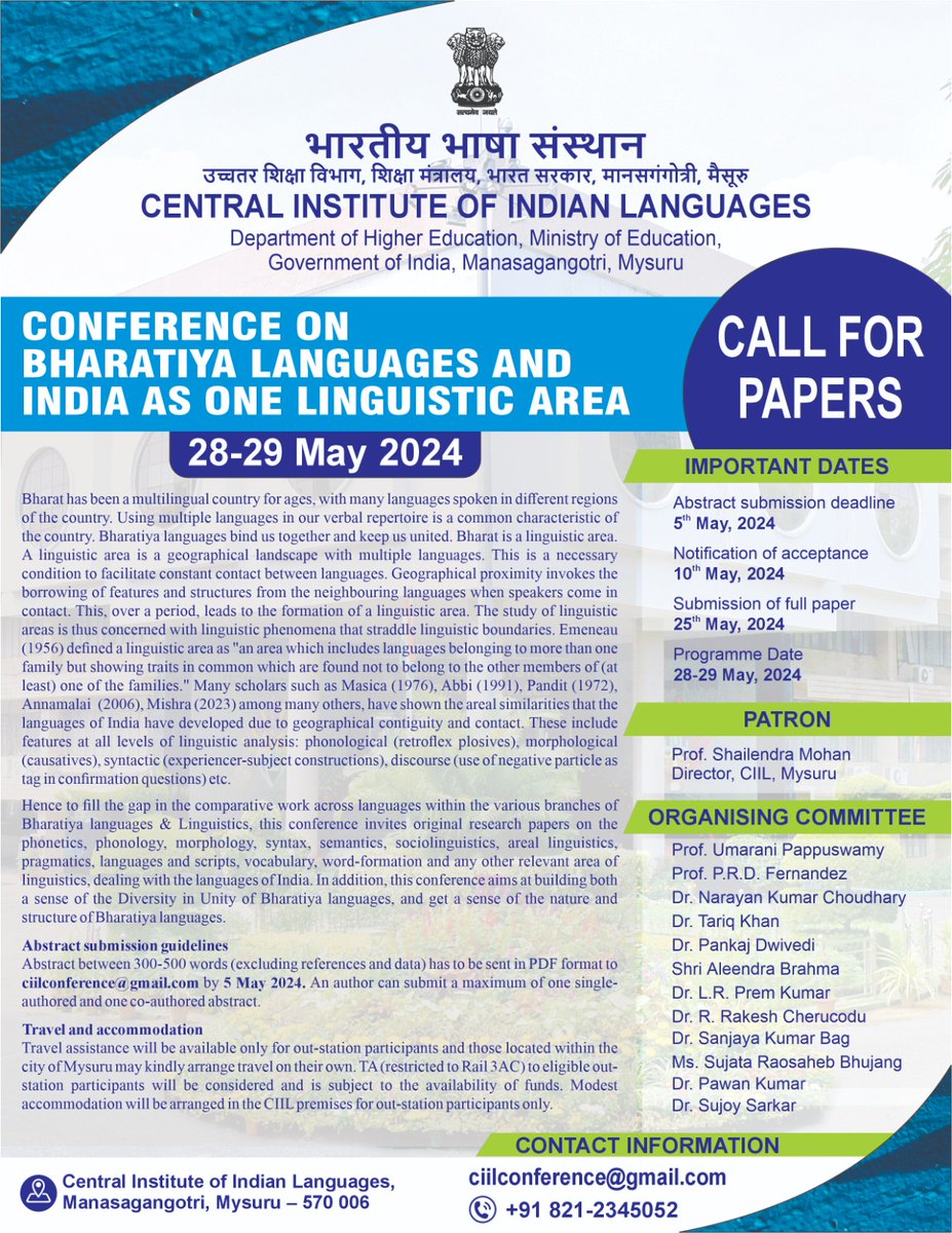 Join us for the Conference on Bharatiya Languages and India as One Linguistic Area. Submit your papers by May 5th, 2024! #BharatiyaLanguages #LinguisticUnity #indiaconference