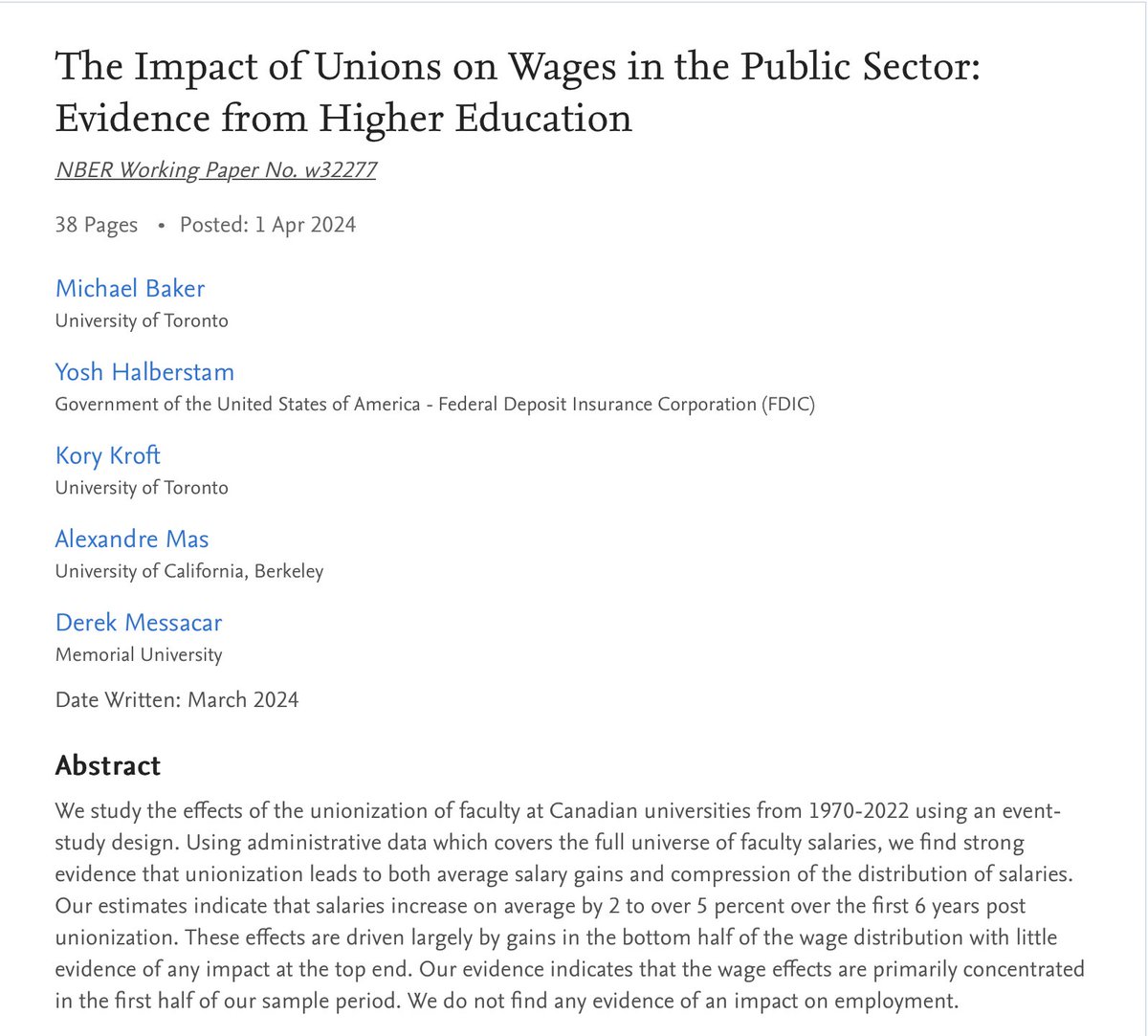 Another interesting looking paper dropped at NBER by Alexander Mas and coauthors on unionization and its effect on the distribution and compression of faculty salaries and employment. (My favorite example of monopsonist employers is the university.) papers.ssrn.com/sol3/papers.cf…