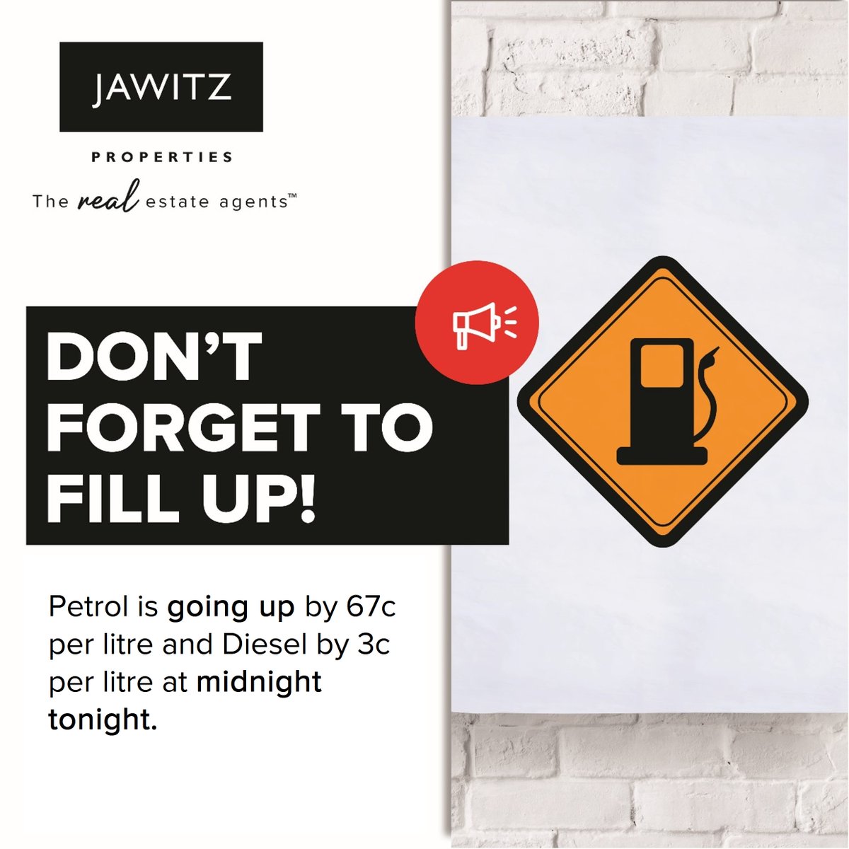 🚨 PETROL PRICE UPDATE 🗓 Wednesday, 3 April ⛽ Petrol prices are set to increase by 67c per litre, and diesel to increase by 3c per litre at midnight tonight 🚗🚙 The 𝑟𝑒𝑎𝑙 estate agents™ #Jawitz #PetrolPriceHike #PetrolPriceUpdate #PetrolDieselPrice