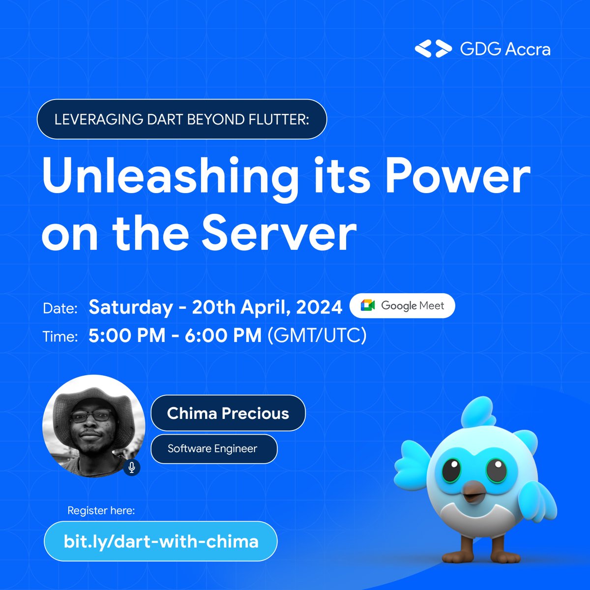 Leveraging @dart_lang Beyond Flutter: Unleashing its Power on the Server with @codekeyz. Join to explore how Dart can be harnessed effectively on the server-side, showcasing its versatility and power in building robust backend systems. 📝Register👉: bit.ly/dart-with-chima