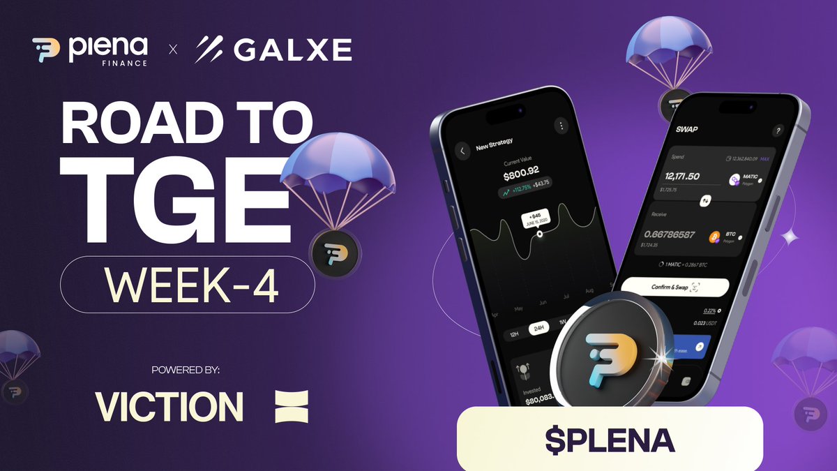🛣️ The Road to TGE - Week 4 @Galxe Quests begins now: galxe.com/PlenaFinance/c… This week, we unveil our newest integration: @BuildOnViction Explore the #PlenaCryptoSuperApp to mint exclusive Plena X Viction NFTs directly within the app & earn points for your adventures