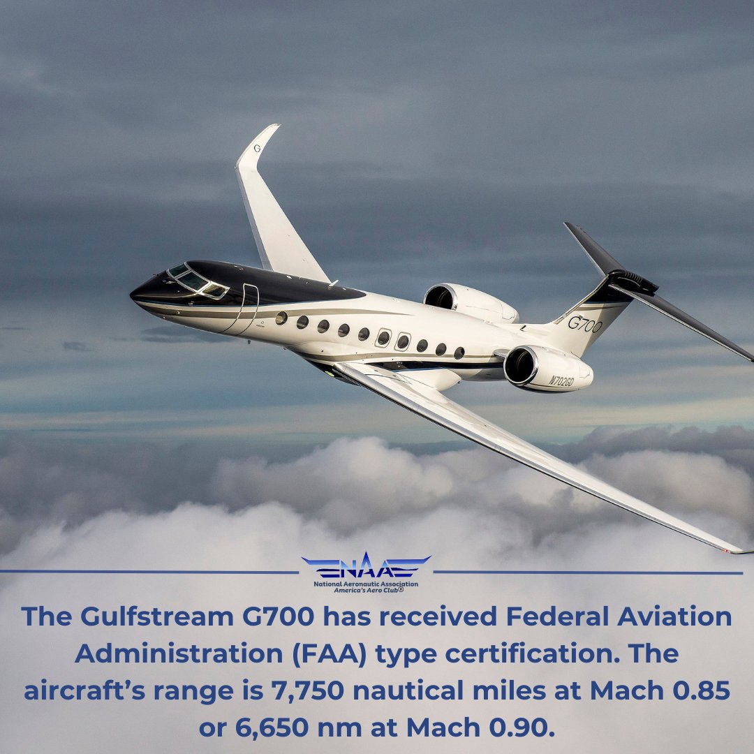 NAA Corporate Member @GulfstreamAero announced that the G700 has received FAA type certification. The G700 has claimed over 50 speed records including records set with sustainable aviation fuel. 🍃 Congratulations to the Gulfstream team! Full PR➡️ shorturl.at/irDX0