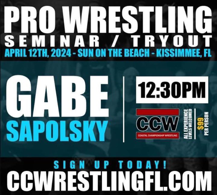 Transform your passion into prowess on April 12th in Kissimmee, FL. ⏰ Time to shine: 12:30 PM Venue: Sun on the Beach This is your shot to learn from a wrestling virtuoso. Claim your spot in the ring at CCWrestlingFL.com!#GabeSapolskyClinic #WrestleFL #ProWrestlingTryout