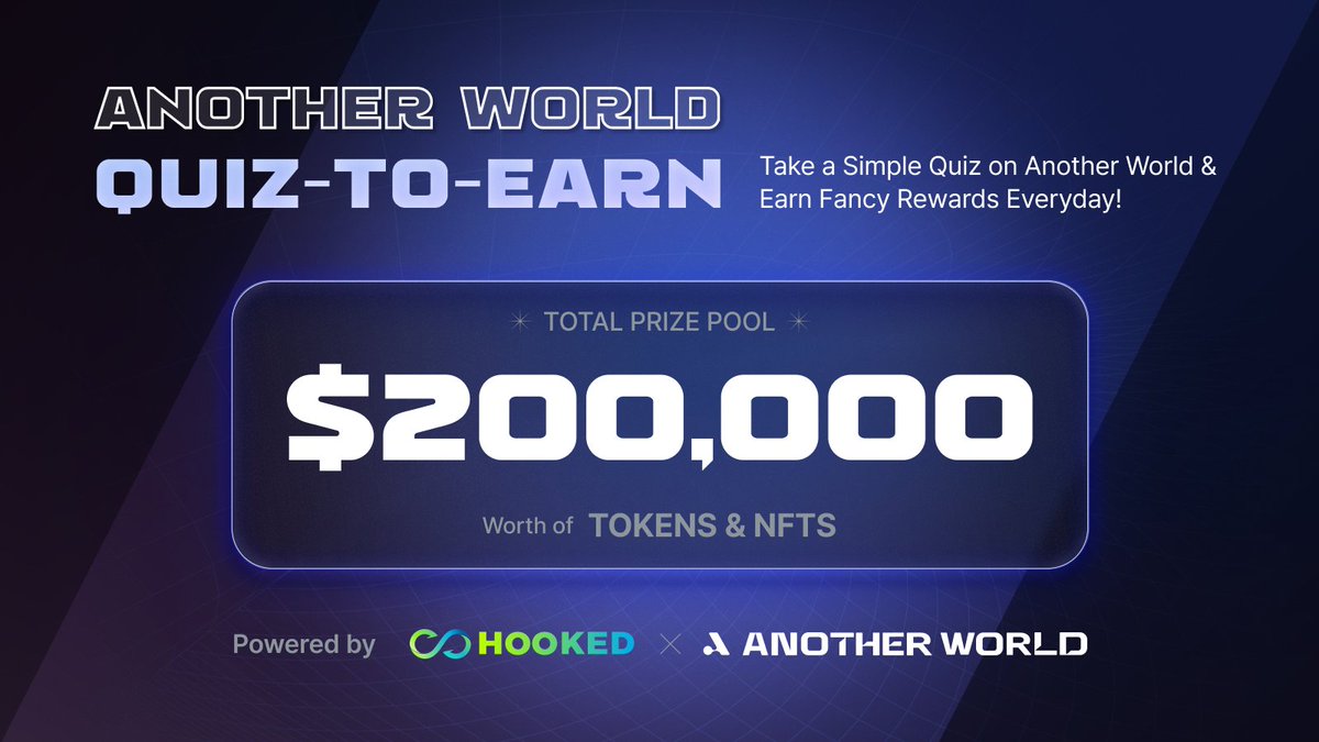 Tabraizshams12's tweet image. Another World &amp;amp; Hooked Protocol Quiz-to-Earn Airdrop 💥

Take a quiz and complete simple tasks and earn from a reward pool of $200,000 worth of $AWM, $HOOK everyday