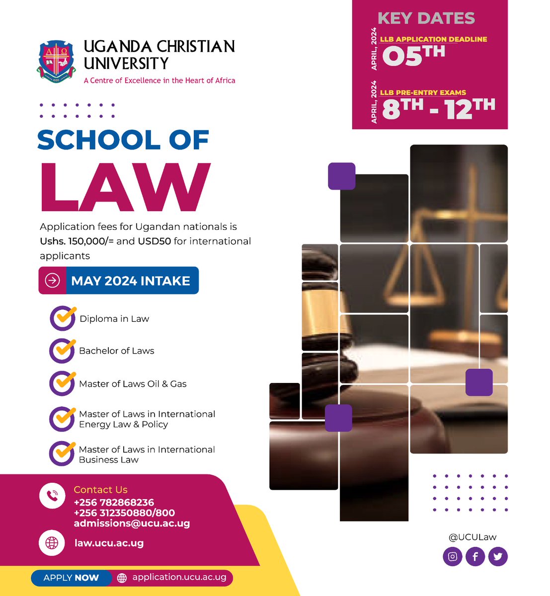 Dear applicants, still time for you to join our @uculaw School this May 2024 Intake. 📌 The application deadline for LLB is 5th April, 2024. LLB pre-entry exams start on 8th-12th April, 2024. Apply online 👉 application.ucu.ac.ug