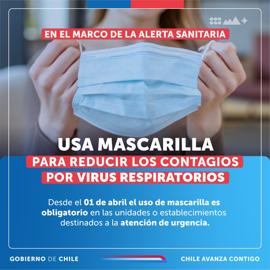 😷En el marco de la #AlertaSanitaria preventiva por el aumento de virus respiratorios, se ha decretado la obligatoriedad del uso de la mascarilla en las unidades o establecimientos destinadas a la atención de urgencia, ya sea público o privado con el fin de evitar contagios.
