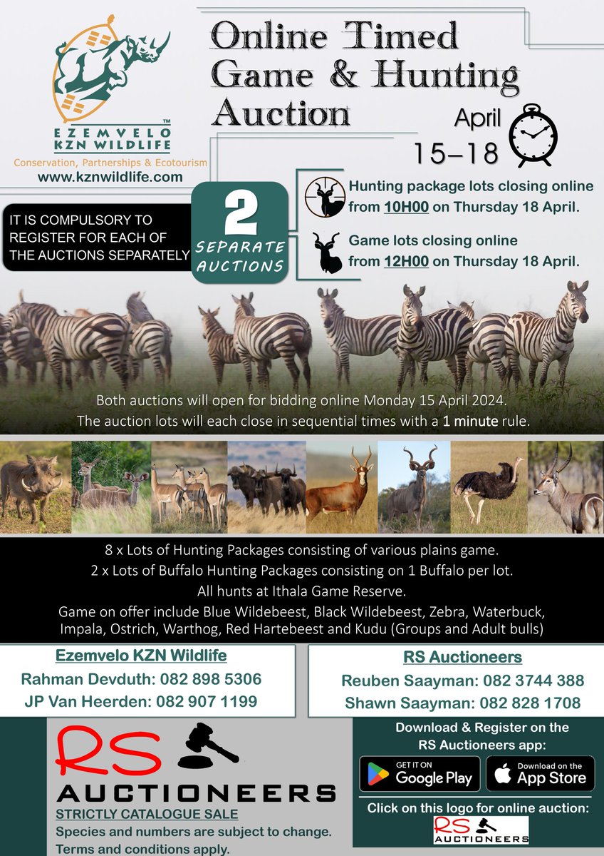 🌿🦌 Dive into the thrill of the wild! Join us for Ezemvelo KZN Wildlife's exclusive online timed game and hunting auction from April 15th to 18th. Bid on unforgettable experiences and contribute to conservation efforts in KwaZulu-Natal. Let the adventure begin! 🏹🌳