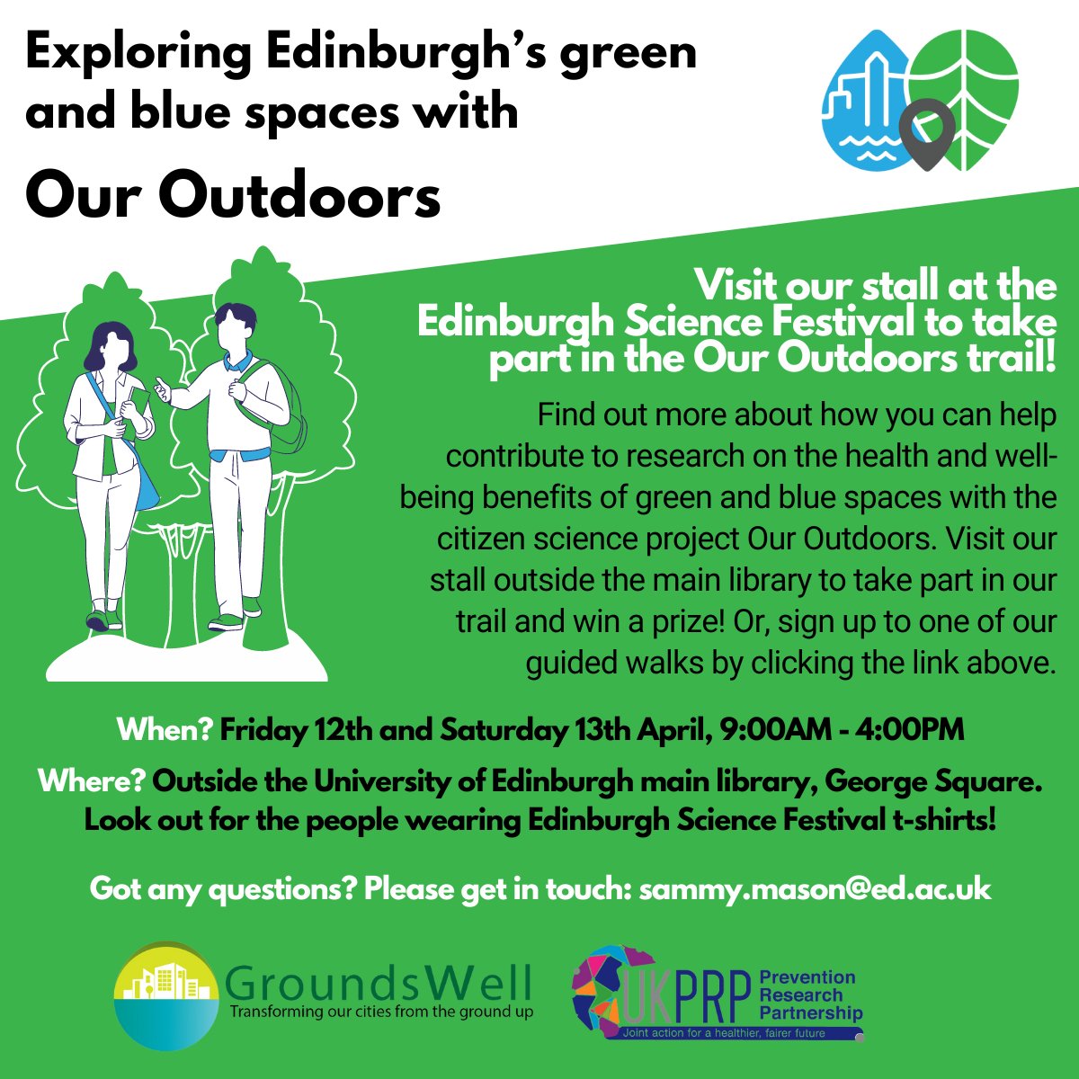 If you're in Edinburgh on Fri 12th or Sat 13th April then come and visit our stall as part of the @EdSciFest! Find out more about our citizen science project @OurOutdoorsUK, complete our trail to win a prize, or sign up to one of our guided walks: tinyurl.com/4f25f3rm 🌻🥾🌳