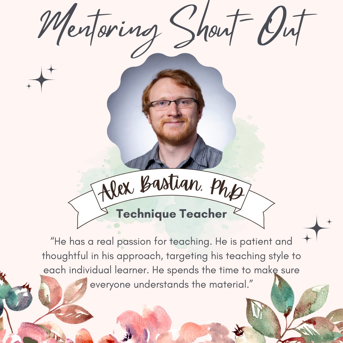 We'd like to give a shout-out to Alex Bastian, PhD, Postdoctoral Scholar @UNC_Lineberger. Dr. Bastian was nominated for how well he brings a teaching approach to the lab.