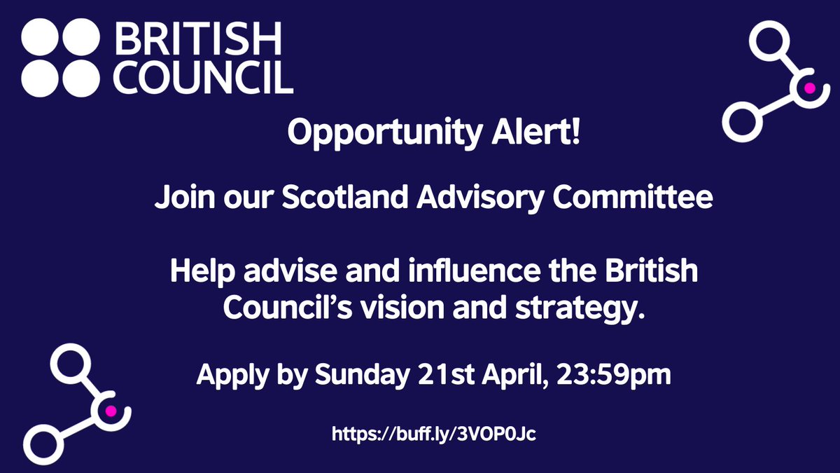BCScotland's tweet image. Do you want a role in shaping the vision and strategy for the British Council in Scotland? 

📌Vacancies for our advisory committee are now open!

🗓️Apply by April 21st: buff.ly/3VOP0Jc