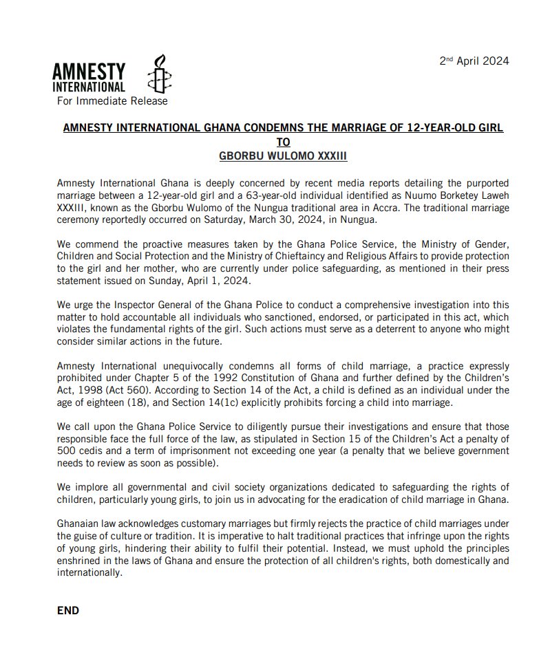 amnestyghana's tweet photo. For immediate release!
Amnesty International Ghana is deeply concerned by recent media reports detailing the purported marriage between a 12-year-old girl and a 63-year-old https://t.co/5qhxjd9PMD