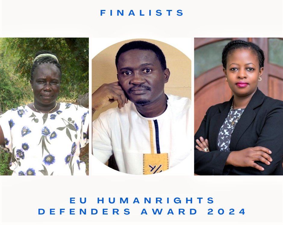 Excited to announce our 3 finalists for the 2024 EU Human Rights Defenders Award: Ms Jesca Ruth Ataa, Dr. Jimmy Spire Ssentongo & Ms Doreen Kyazze. All 3 have done amazing work to promote #HumanRights over the past year. A short description of their work: rb.gy/r3kbx4