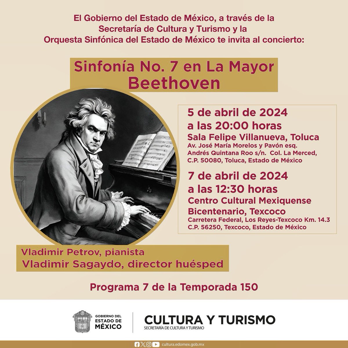 Para el #Programa7 de #La150, sube al podio como director huésped, el maestro @sagaydo, Interpretaremos la gran Sinfonía No. 7 de Beethoven. 📍5 de abril, 20 horas, Sala Felipe Villanueva, Toluca. 📍7 de abril, 12:30 horas, @ccmbcultura, Texcoco.
