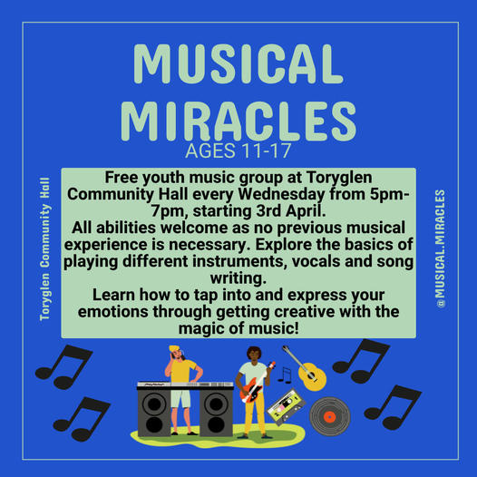 Wednesday evening we have a new youth group starting  from 5-7pm. It's a free weekly group for young people who want to explore song writing, singing, and the basics of various instruments - come along or give Barbara an email at musicalmiraclesinfo@gmail.com #youthworkglasgow
