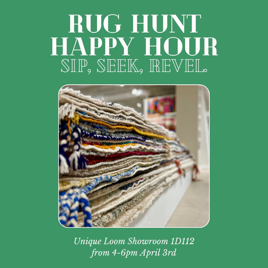 Rug Hunt Happy Hour: Seek, Sip, Revel. Calling all treasure hunters! 🕵️‍♀️ Join us for Rug Hunt Happy Hour: Seek, Sip, Revel 🍹 on April 3rd from 4-6pm at the Dallas Market Center. Discover the perfect rug, sip on delicious drinks, and revel in the fun! Don't miss out!
