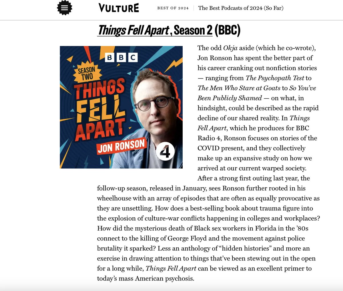 Thank you very much to Vulture for making Things Fell Apart one of the best podcasts of 2024!