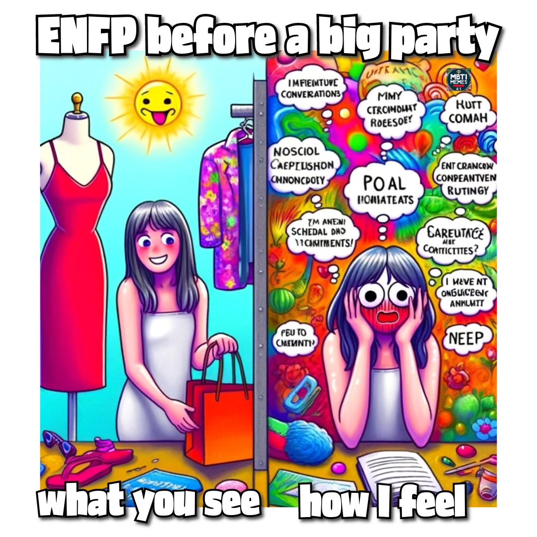 VergasBaxtor's tweet photo. ENFPs getting ready for parties be like... 🌟🤔 
Who else relates? 

#MBTI #ENFP #memes https://t.co/pxYvd8hCqi