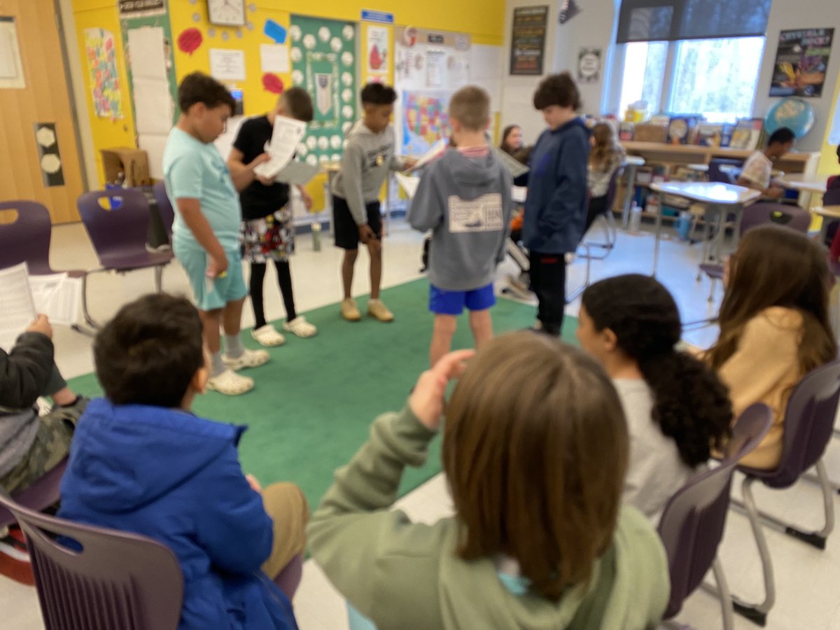 Students take center stage to read scripts with mythological characters. #ReadersTheater #BeWES ⁦@MilfordSchools⁩ 🗣️👂👏