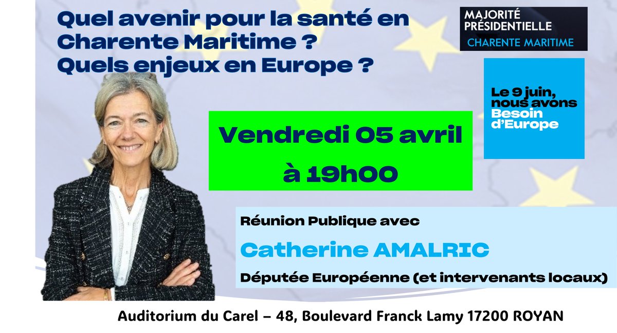 Catherine AMALRIC, députée Européenne, pharmacienne, ancienne présidente de la communauté médicale d'établissement d'un grand hôpital, spécialiste des questions de santé. Elle débattra des enjeux de santé et sera entourée d'élus, de médecins et d'experts de Charente Maritime.