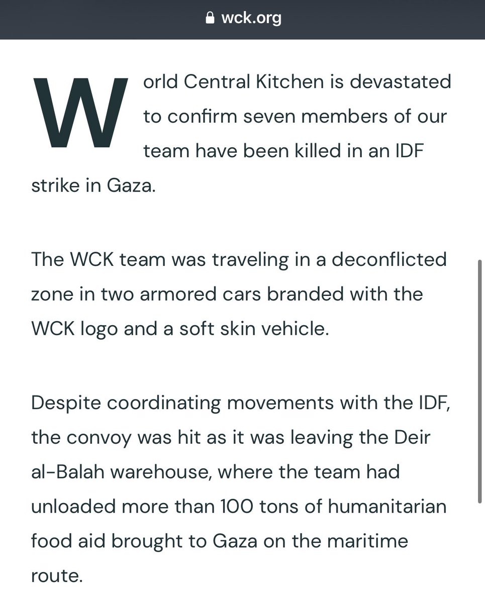 Act 1: Israel bombs UNRWA, the Palestinian food aid lifeline in Gaza funded by the world. Act 2: Israel tells an outraged world that it will allow charity World Central Kitchen to prevent starvation to avoid bad press. Act 3: Israel bombs World Central Kitchen.