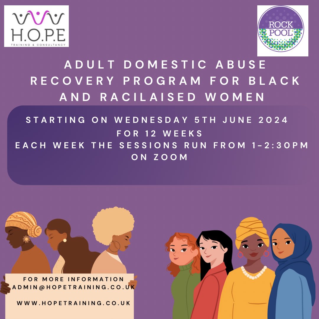 Hopetraining's tweet image. Our next free program for Black and Racialised domestic abuse survivors starts in June on zoom. 

To self refer or refer someone you know with permission please email admin@hopetraining.co.uk and we will send you booking link! 

@rockpoollife @SuePenna1 @nicolejacobsST