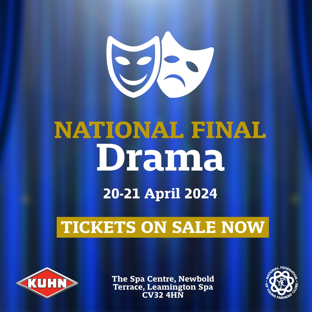 Tickets are now on sale for the national Drama finals. sponsored by @KUHN_UK. Join us to enjoy eight incredible performances from YFC members at the Spa Centre in Leamington Spa on 20-21 April. Buy tickets from the Spa Centre Box Office – 01926 334418. #YoungFarmers