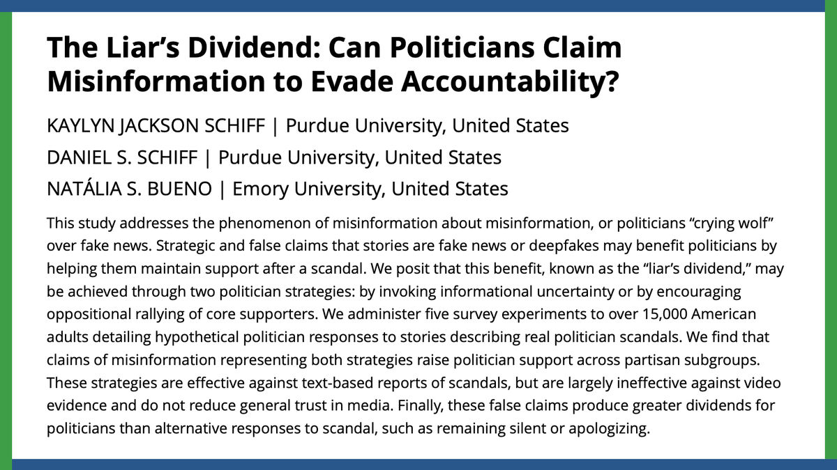 @kaylynjackson, @Dan_Schiff, & @nataliasbueno propose the liar's dividend, whereby politicians either invoke informational uncertainty or encourage oppositional rallying of core supporters to maintain support after scandals. #APSRFirstView ow.ly/ynQH50R1Ip1