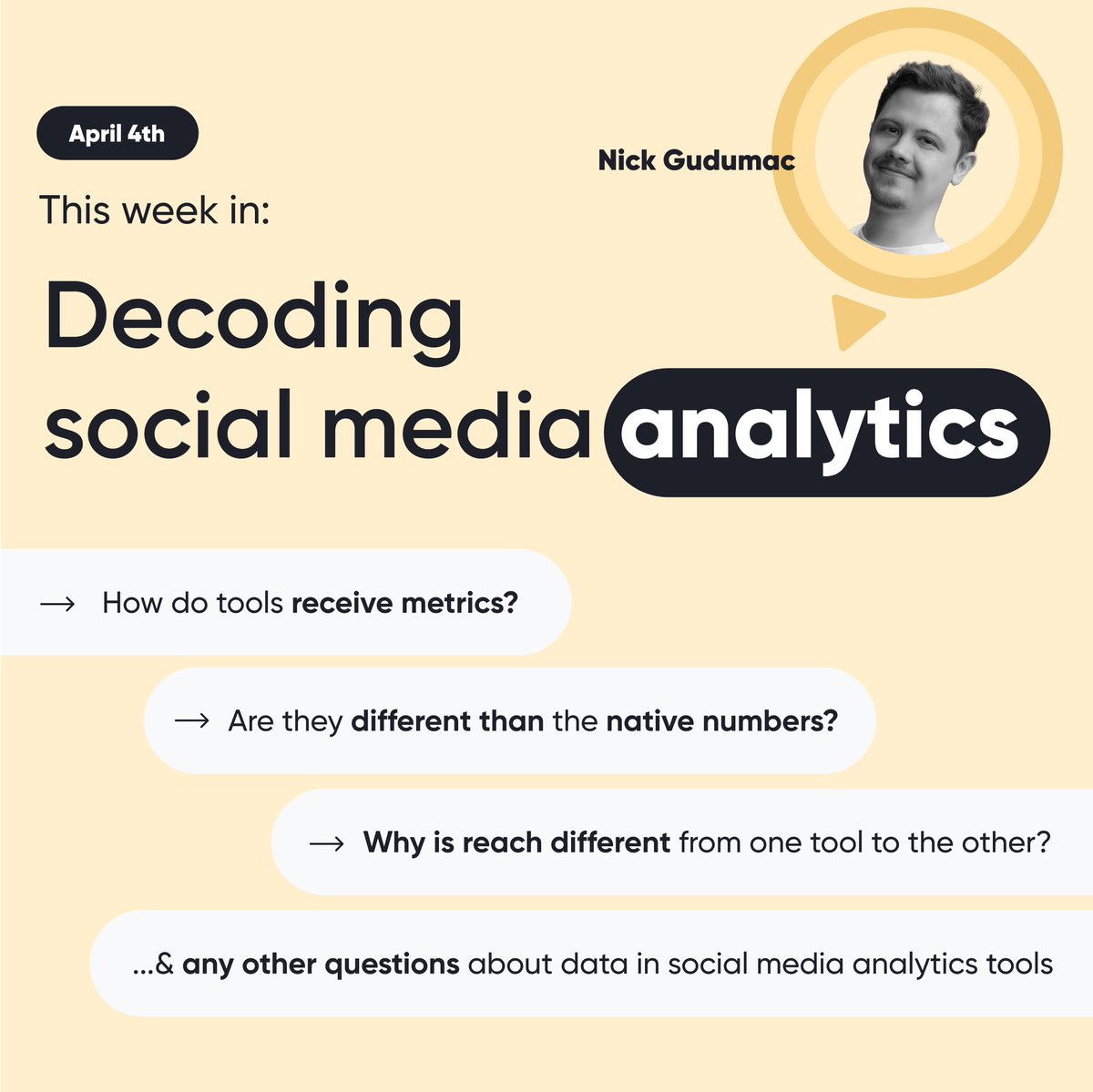 Reminding you that the 5th #webinar of our #masterclass on decoding SM #analytics is happening later this week, starring our very own Nick Gudumac, CTO of Planable. Get your questions ready, as we'll reveal how SM tools actually work. Save your seat 👇 us02web.zoom.us/webinar/regist…