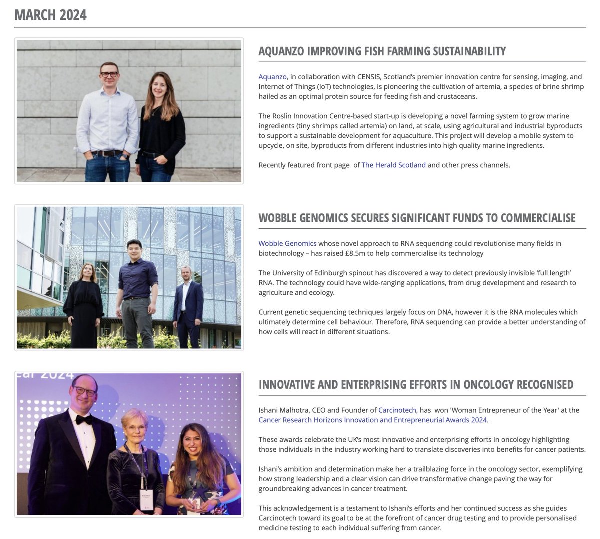 Our Month End Highlights feature achievements by our innovative tenants:
<a href="/AquanzoLtd/">Aquanzo</a> pioneers fish farming sustainability
<a href="/WobbleGenomics/">Wobble Genomics</a> secures funding to commercialise technology
Ishani Malhotra @carcinotech #IEAwards2024 Woman Entrepreneur of the Year
roslininnovationcentre.com/open-for-busin…