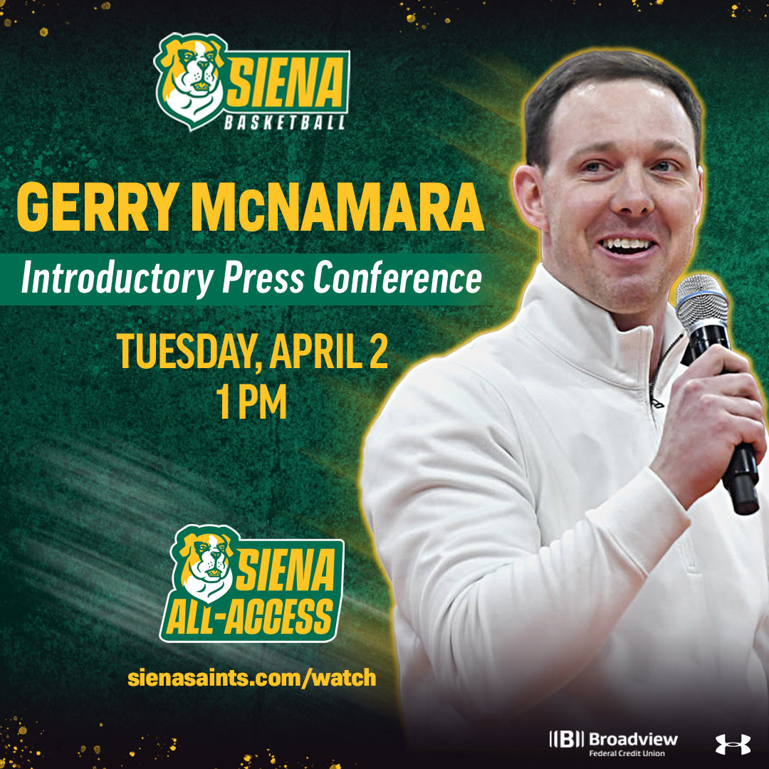 Tune in today at 1⃣PM as we formally introduce the 1⃣9⃣th head coach in @SienaMBB history, @Coach_McNamara 📽️ sienasaints.com/watch #MarchOn x #SienaSaints