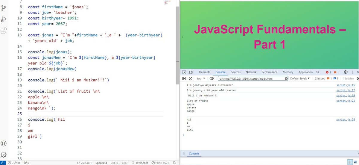Muskaann29's tweet photo. #100DaysOfWebDev

Day-18
🌟 Strings and Template Literals
⭐If / else Statements

#LearnInPublic #javascript #webdev https://t.co/3ltVYxrHLS