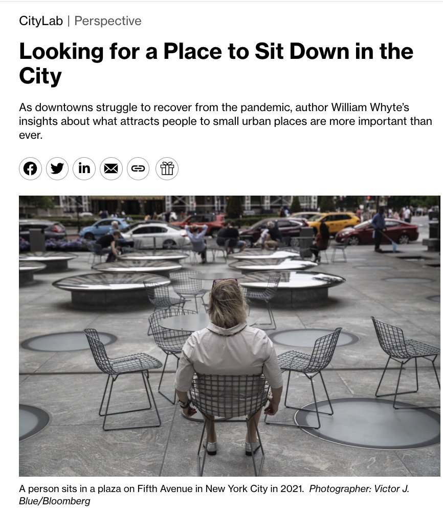 Cities should create public places that invite people to sit, schmooze, and eat. William Whyte’s groundbreaking findings about vibrant urban spaces shouldn’t be controversial. But they are. Me, in @CityLab bloomberg.com/news/articles/…