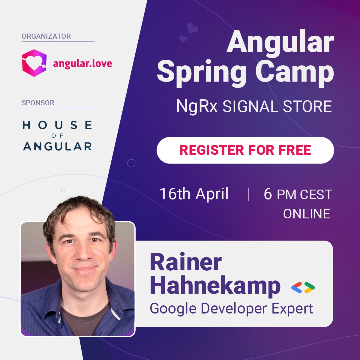 🚀Deep dive into #NgRx #SignalStore with 🎓 Google Developer Expert @rainerhahnekamp! Don't miss our upcoming online meetup, where we'll explore the cutting-edge possibilities of Signals-based state management in #Angular apps. Register here ➡️ bit.ly/4aoCN2I. When?