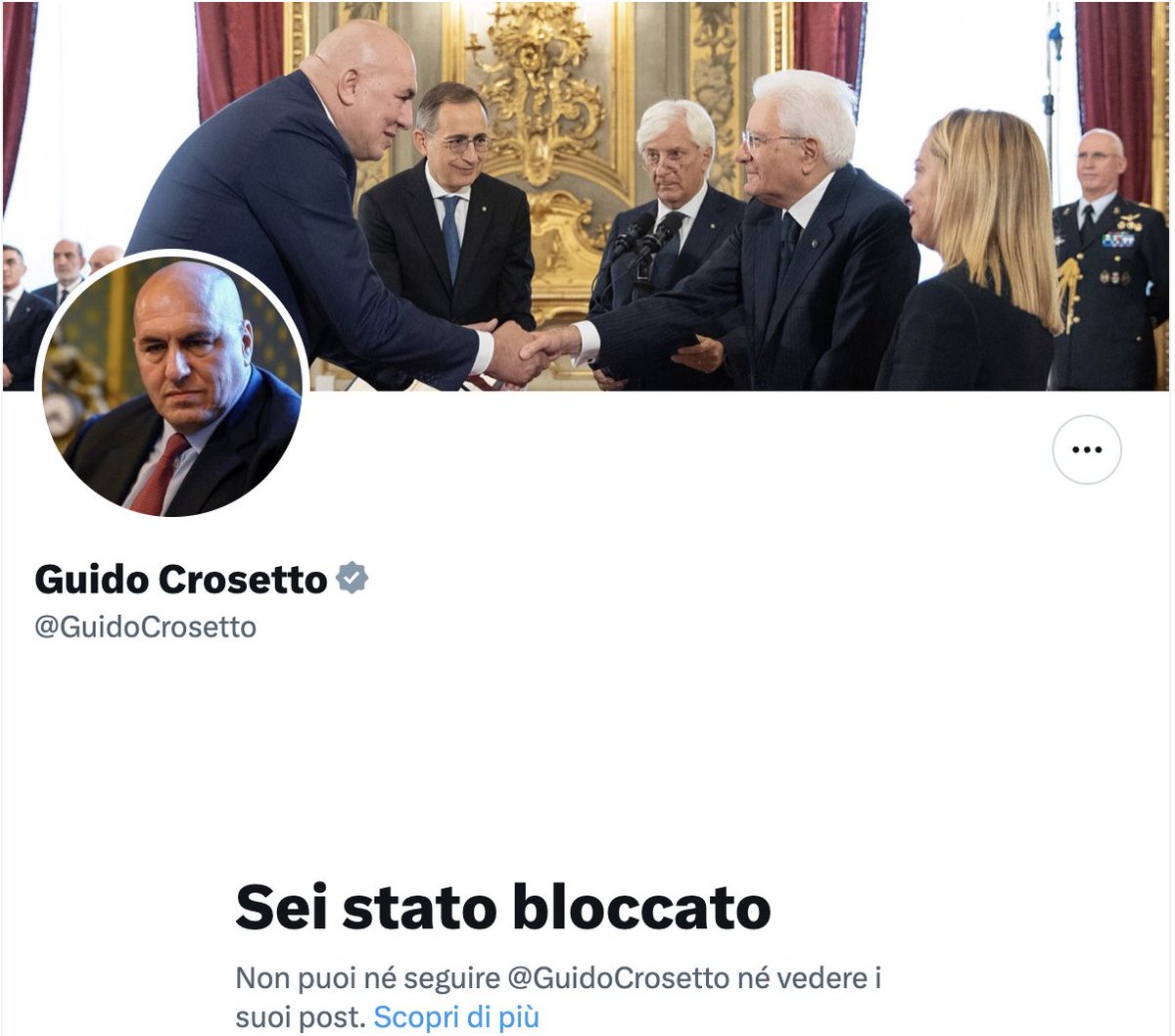 Qualcosa mi dice che il ministro della Difesa, Guido Crosetto, mi ha bloccato. Non per impedirmi di leggere i suoi post, ma per evitare di leggere i miei, dolorosamente veritieri. P.S. Questa serà non parteciperò a 'è sempre carta bianca'. La mia partecipazione è stata annullata