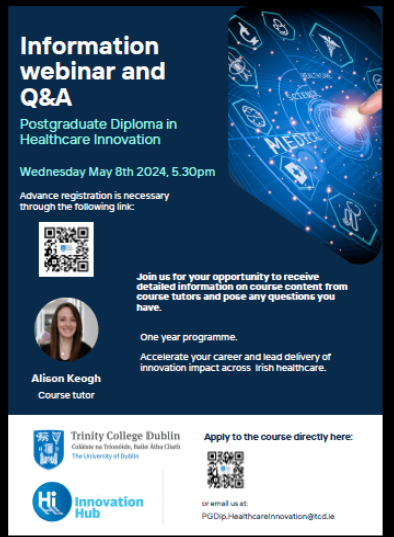 Interested in a one year Postgraduate Diploma in Healthcare Innovation run by @tcddublin in association with @HIHIreland? Join the course information webinar via zoom on May 8th 2024 at 5.30pm. @PGDipInnovation @INMO_IRL @IrishPharmacy @HSELive @roinnslainte @UCC @uniofgalway