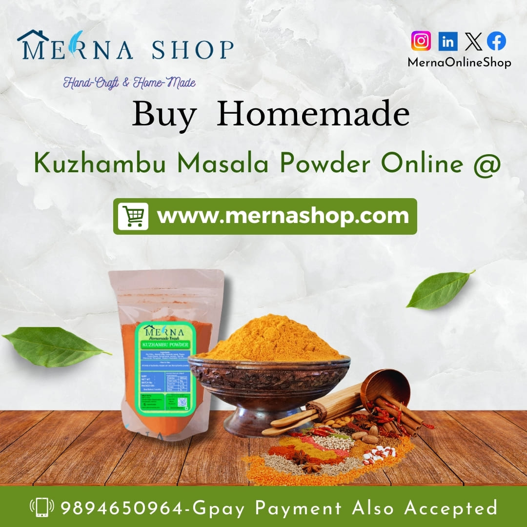 Spice up Your Cooking with Homemade Kulambu Masala Powder! Order Now from Merna Shop! 
#AuthenticFlavors #HomemadeGoodness #MernaShop #Pulikulambumasala #KulambuMasalaOnline #KulambuPodi #KulambuMasala #KulambuMasalaPowder #KulambhuPowder #BuyKulambuMasala #masalapowder #masala