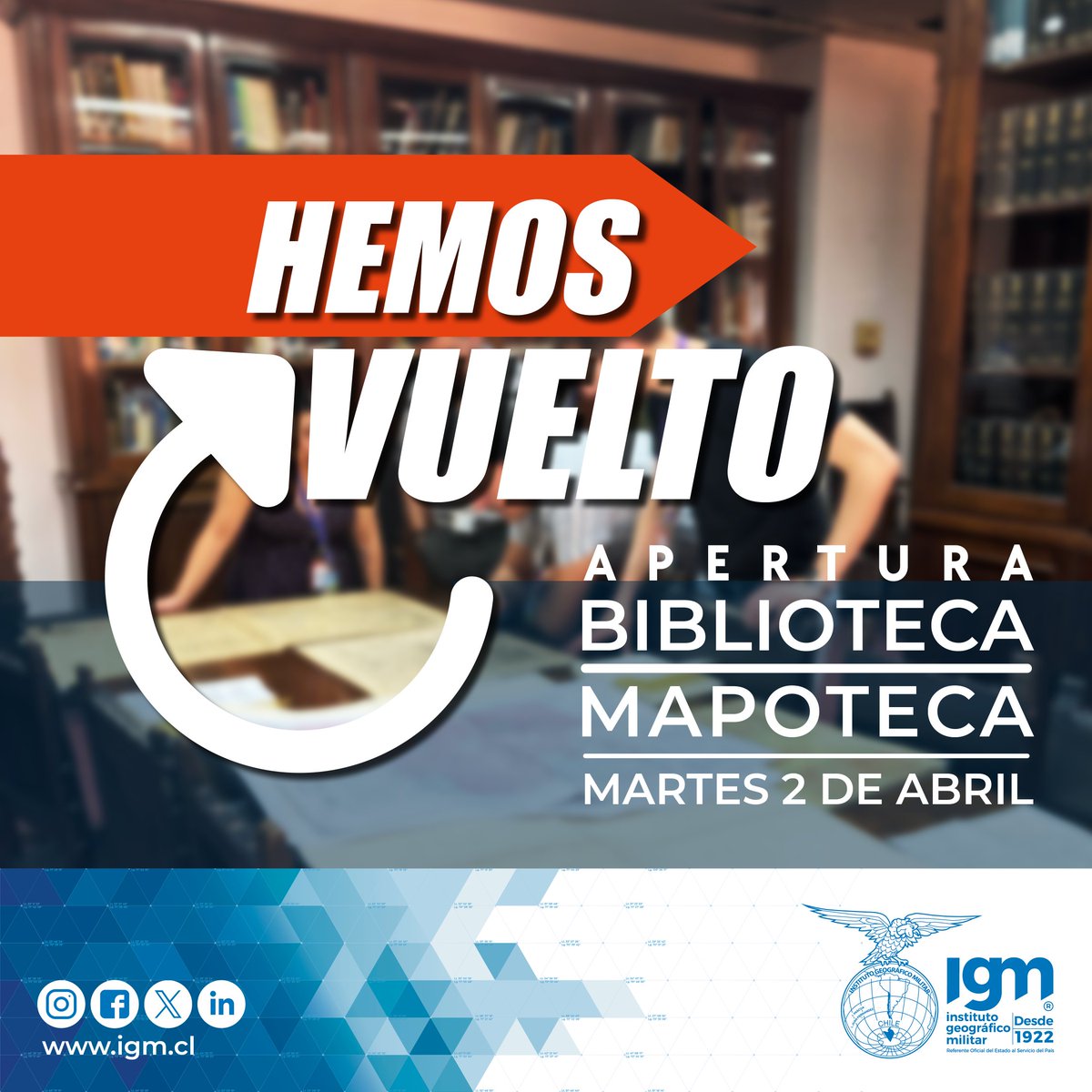 igm_chile's tweet photo. El #IGM 🇨🇱🌎 informa a todos los usuarios que la Biblioteca y Mapoteca se encuentra atendiendo. ¿Quieres visitarnos? Agenda tu visita en 👇👇👇👇👇👇📲 biblioteca@igm.cl
Te esperamos!!!
#educacion
#biblioteca
#mapoteca
#ciencia https://t.co/Sv4kciwe4b
