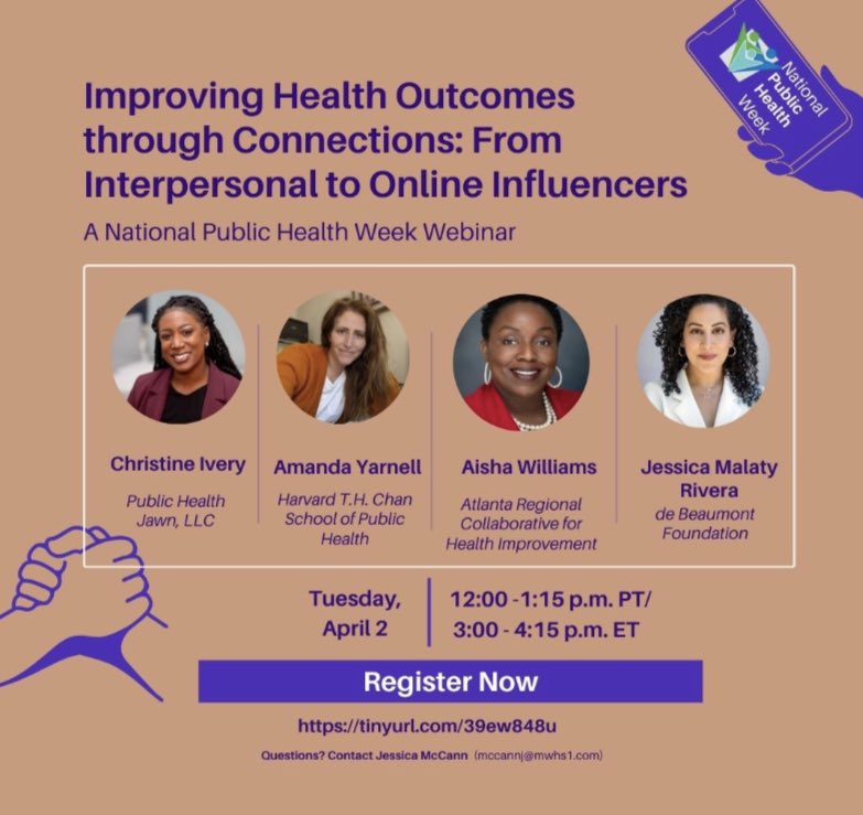 Today at 3pm ET: Join the APHA Health Communications Working Group for a webinar on connection in #PublicHealth #communication. Hear from experts like @jessicamalaty about fostering meaningful connections, from trusted messengers to influencers. #NPHW chc1.zoom.us/webinar/regist…