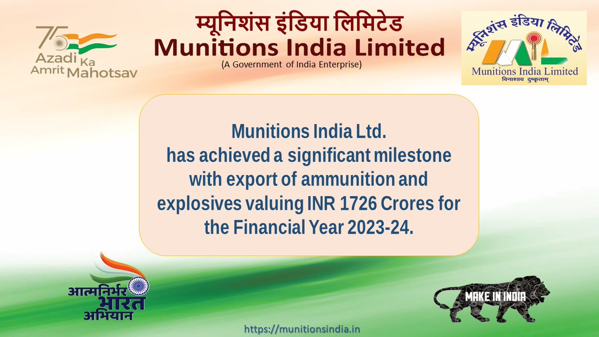 Munitions India Ltd. has achieved a significant milestone with export of ammunition and explosives valuing INR 1726 Crores for the Financial Year 2023-24.